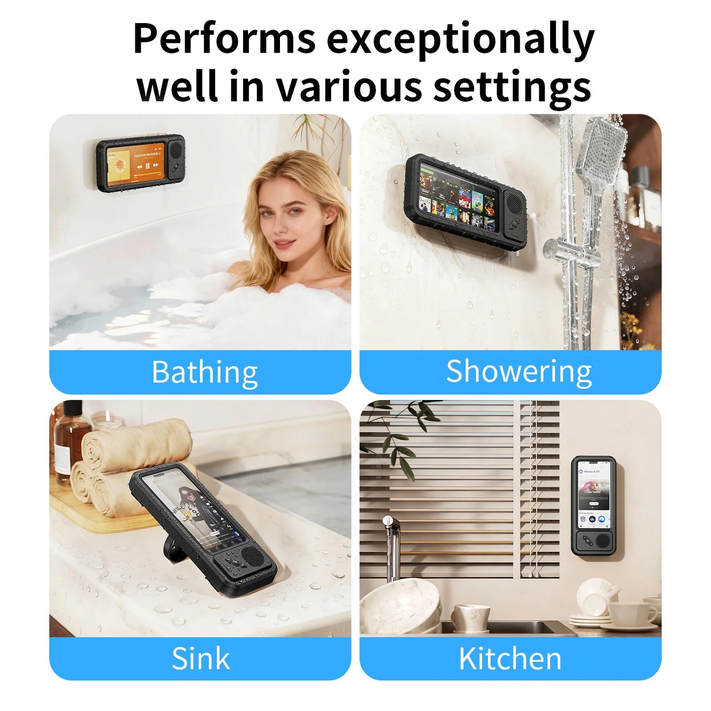 Shower Phone Holder with Wireless Bluetooth Speaker Waterproof Shower Phone Case Wall Mounted Stand for Bathroom Mirror