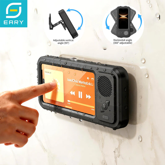 Shower Phone Holder with Wireless Bluetooth Speaker Waterproof Shower Phone Case Wall Mounted Stand for Bathroom Mirror