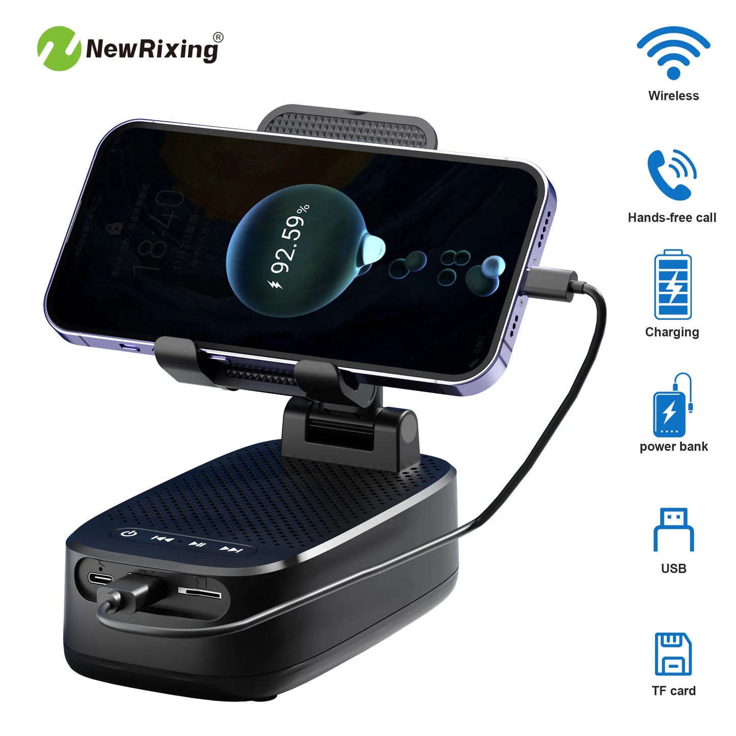 Wireless phone holder,Portable speaker,Speaker phone holder,emergency power bank,1800mAh battery,USB charging,hands-free