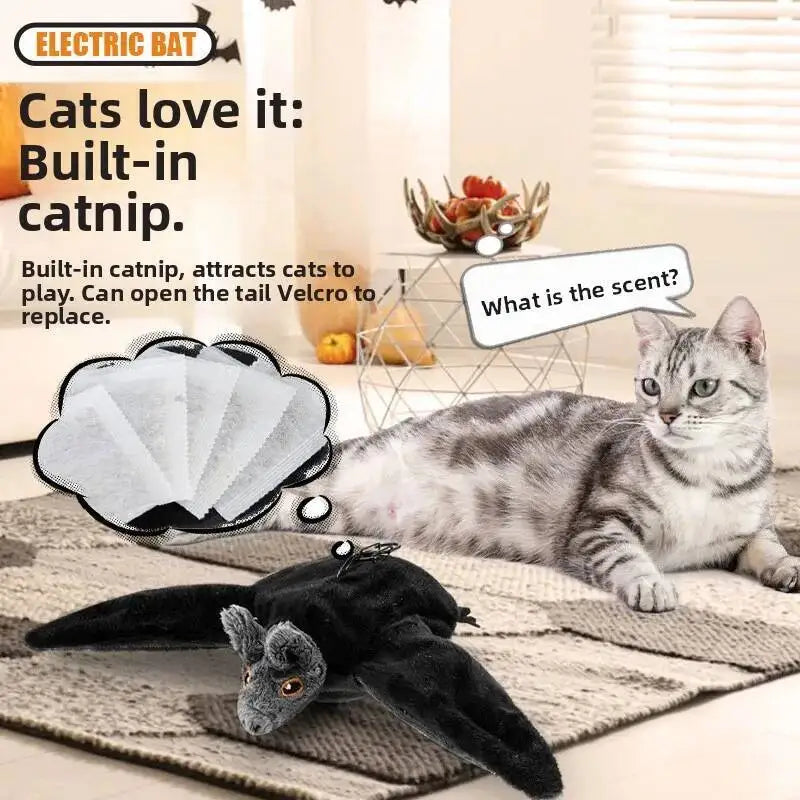 Flying Bat Halloween Cat Toy Interactive Cat Toys Rechargeable Chirping Flapping bat (no Flying) Can Add Catnip Touch Plush Toy