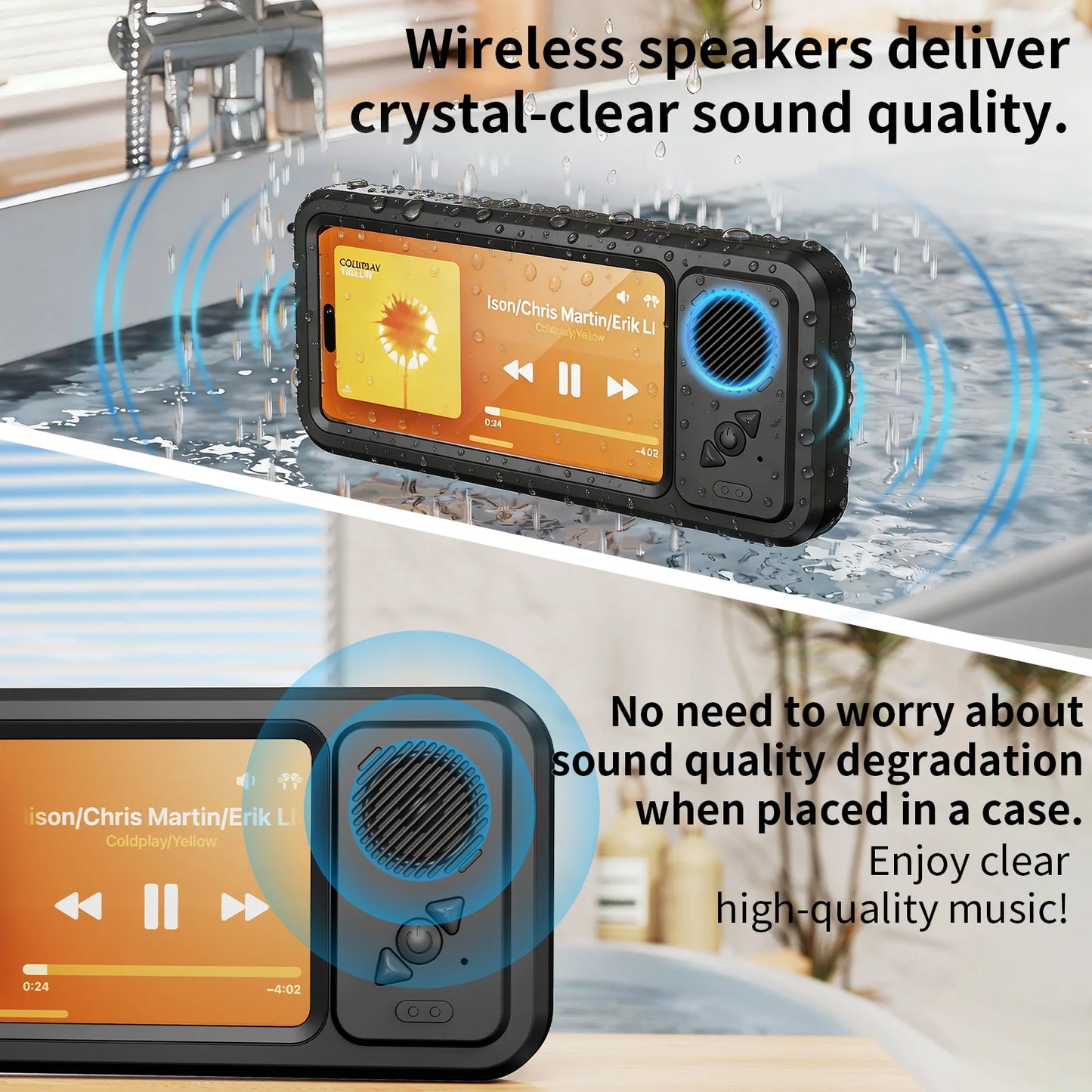 Shower Phone Holder with Wireless Bluetooth Speaker Waterproof Shower Phone Case Wall Mounted Stand for Bathroom Mirror