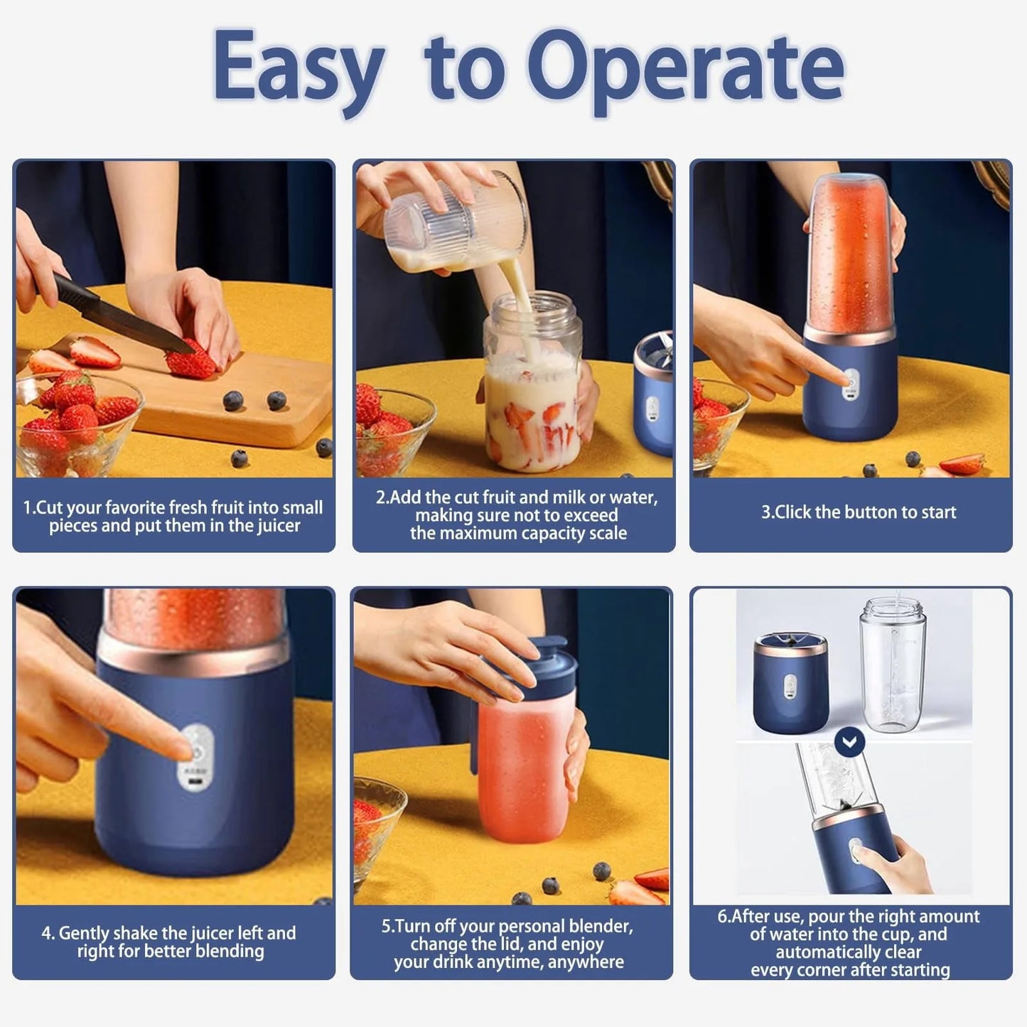 Personal Blender for Shakes and Smoothies Portable Fruit Juicer USB Rechargeable（Blue）