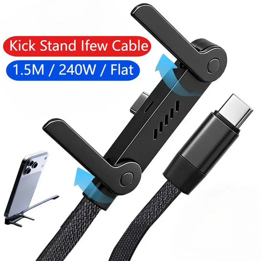 Quick Charge Flat Phone Charger Type C 240W Foldable Stand Fast Charging Kick Cable Stand Holder Cord for IPhone 17 16 Samsung