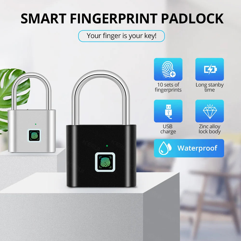 Fingerprint Lock Keyless USB Charging Smart Padlock Waterproof Door Lock 0.2sec Unlock Portable Anti-theft Padlock Zinc