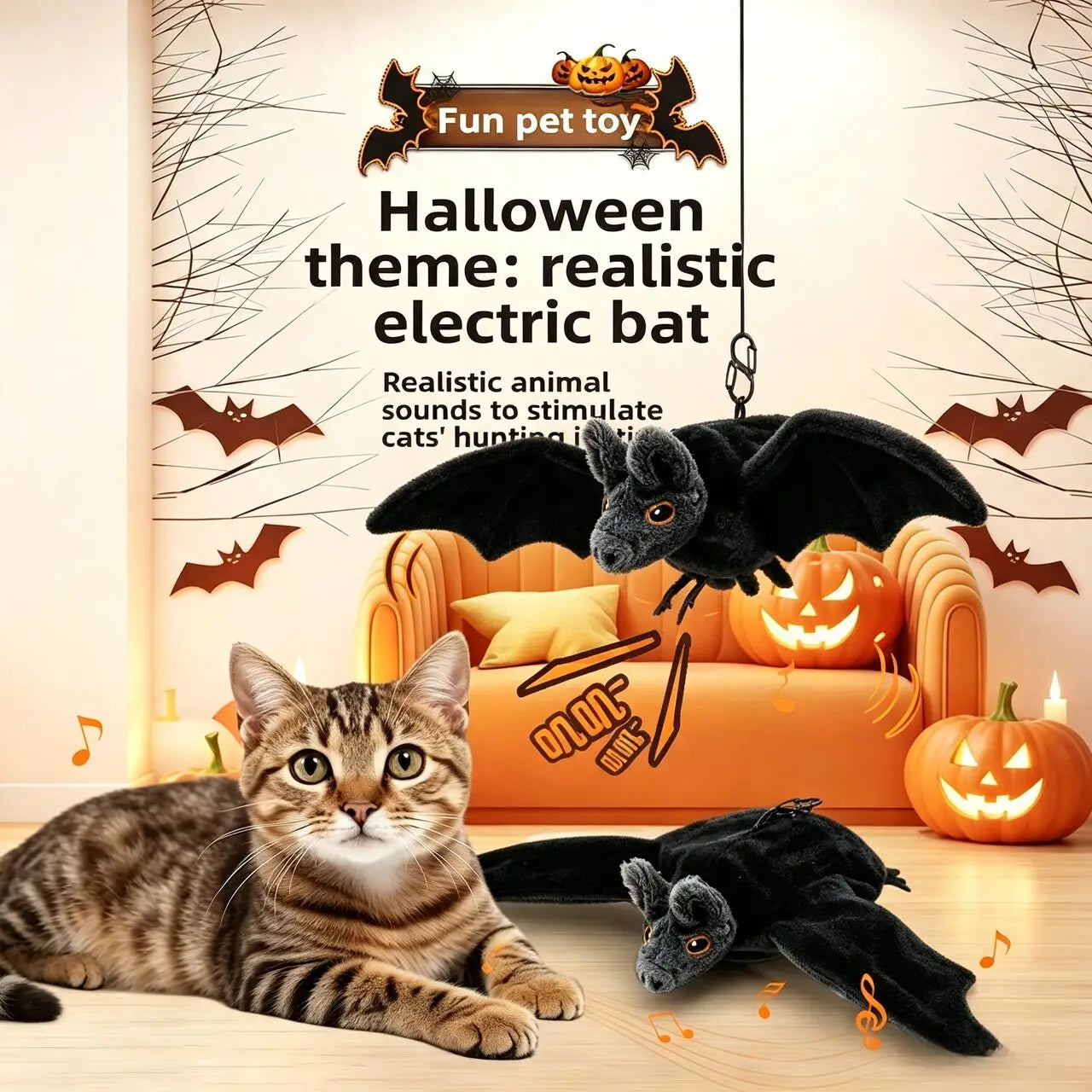 Flying Bat Halloween Cat Toy Interactive Cat Toys Rechargeable Chirping Flapping bat (no Flying) Can Add Catnip Touch Plush Toy