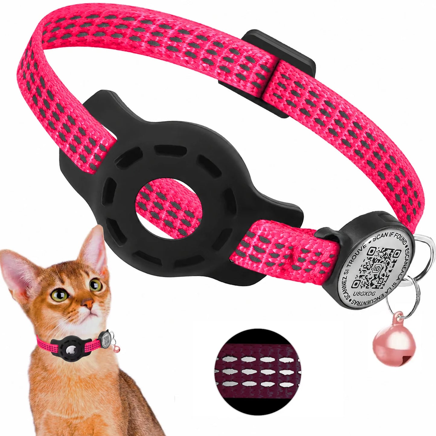 Cat GPS Collar with QR Code Tag & Airtag Case  Reflective Apple Tag Cats Collar for Tracker Pet Breakaway Air Tag Kitten Collar
