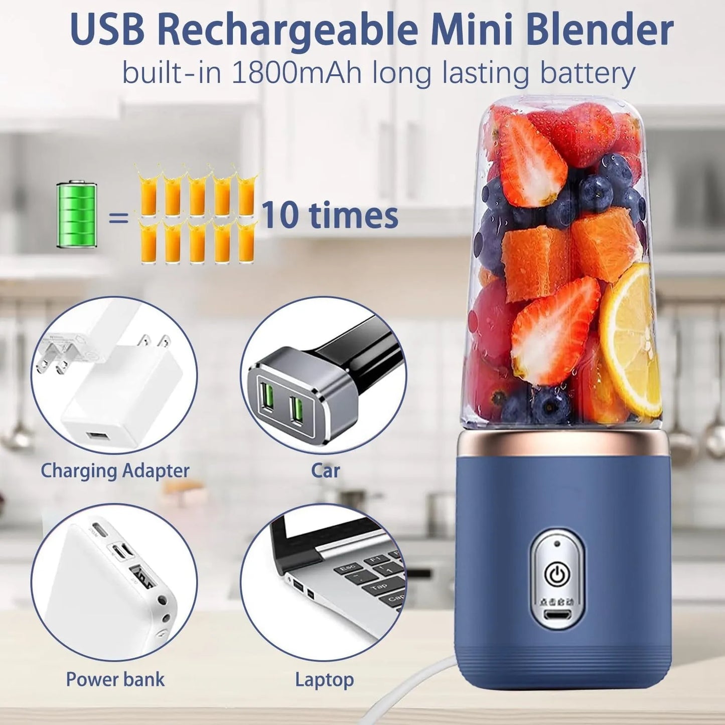 Personal Blender for Shakes and Smoothies Portable Fruit Juicer USB Rechargeable（Blue）