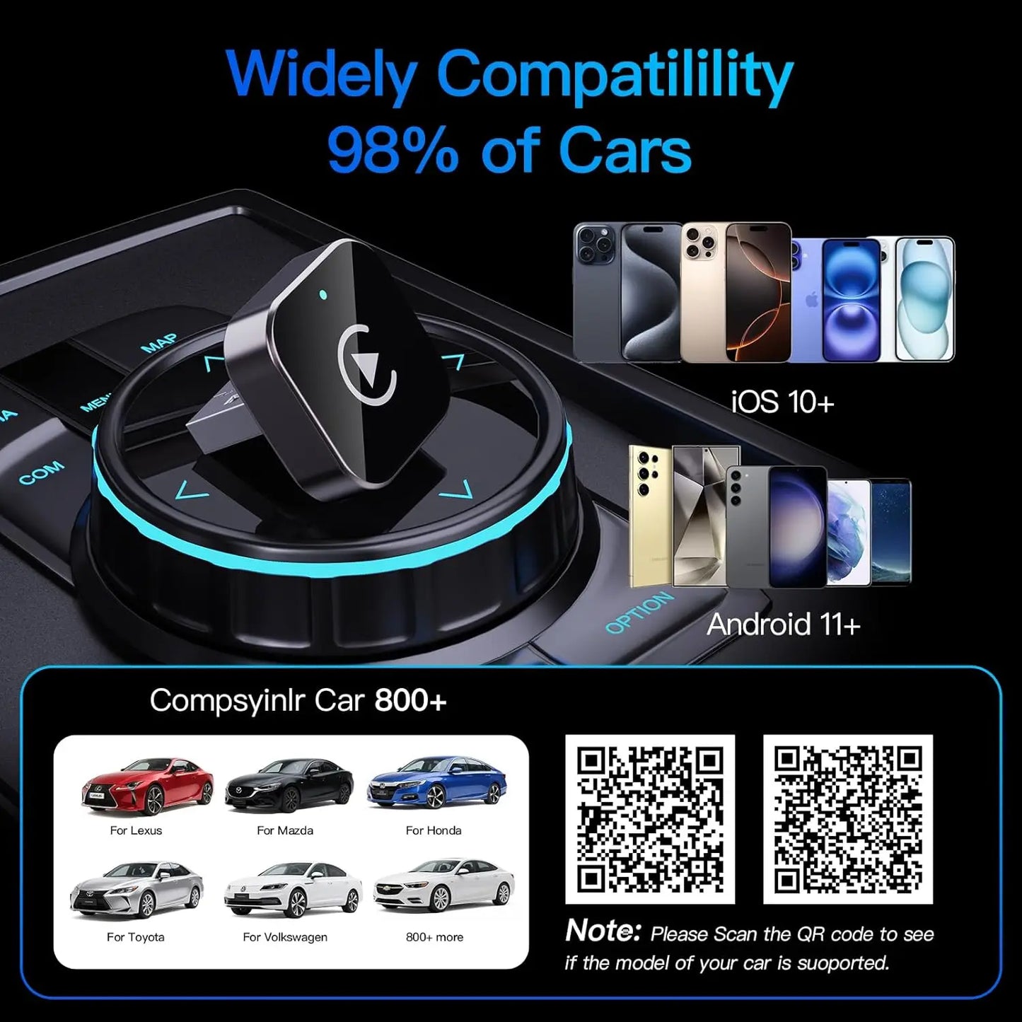 (2026 Upgraded) Wireless CarPlay Adapter for Apple iPhone＆Android, Small Size,Plug and Play,Fast and Stable Connection Wireless